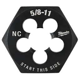 5/8"-11 NC 1-7/16" Hex Threading Die in black with engraved text, including "START THIS SIDE", an identifying brand logo, and threading measurements.