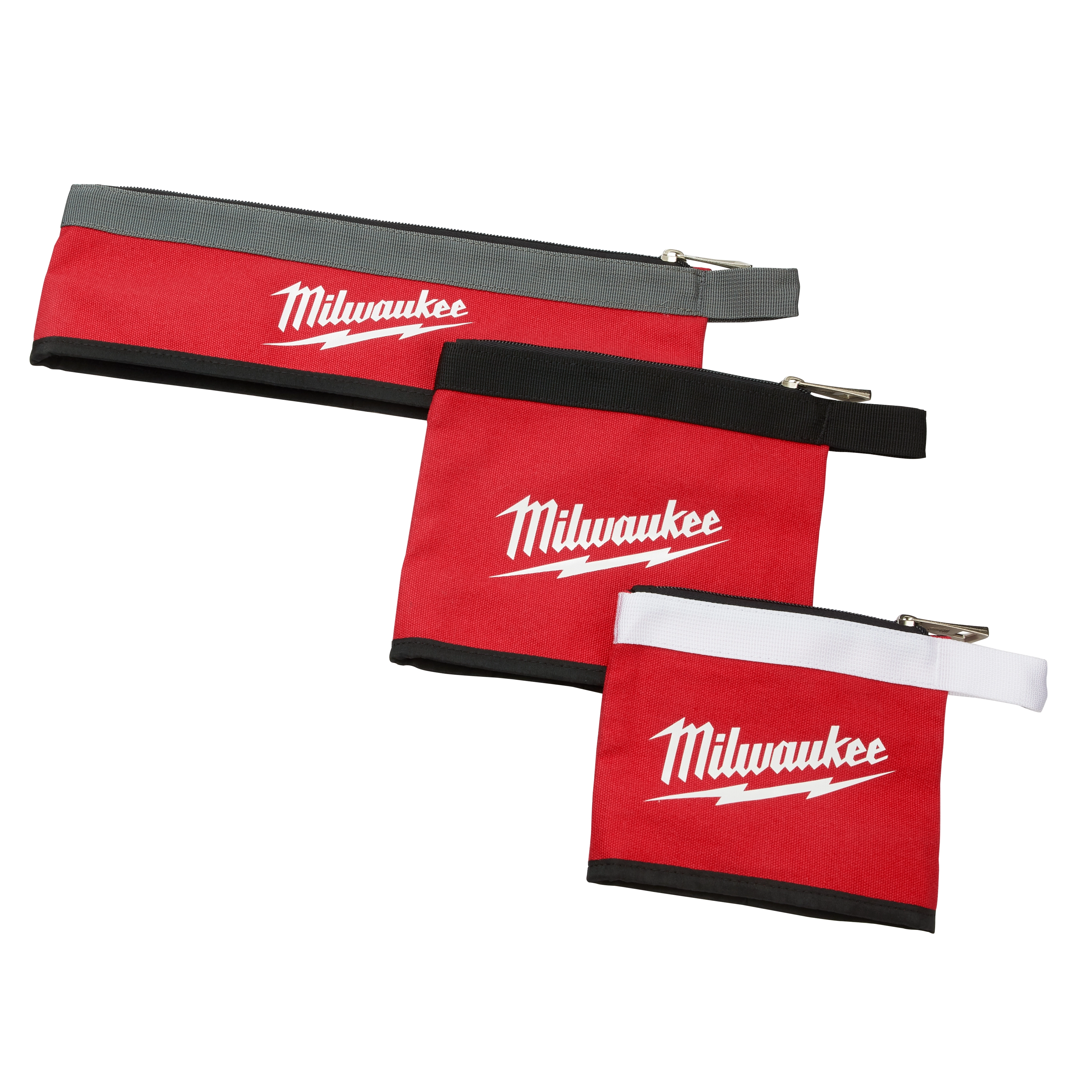 The image shows three red Multi-Size Zipper Pouches with black, white, and gray zippers. Each pouch has the Milwaukee logo printed in white on the front.