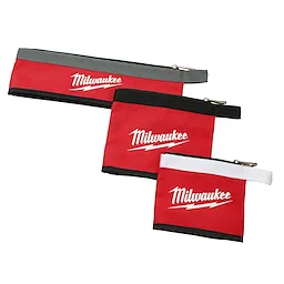 The image shows three red Multi-Size Zipper Pouches with black, white, and gray zippers. Each pouch has the Milwaukee logo printed in white on the front.