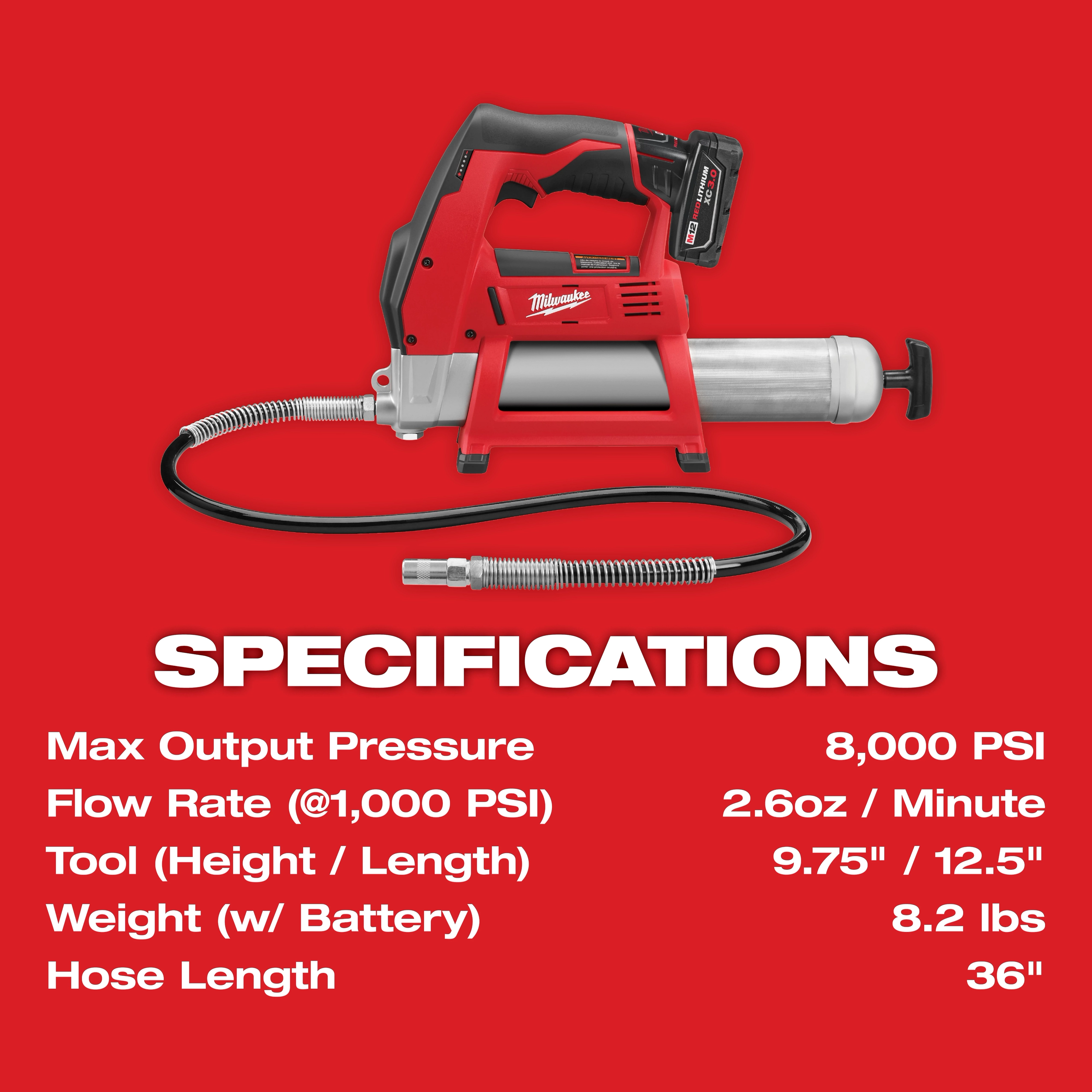 Image of an M12 12-Volt Lithium-Ion Cordless Grease Gun Kit with One 3.0 Ah Battery, Charger, and Tool Bag. Specifications include 8000 PSI max output pressure, 2.6oz/min flow rate, 9.75"/12.5" dimensions, 8.2 lbs weight, and 36" hose length.