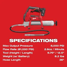 Image of an M12 12-Volt Lithium-Ion Cordless Grease Gun Kit with One 3.0 Ah Battery, Charger, and Tool Bag. Specifications include 8000 PSI max output pressure, 2.6oz/min flow rate, 9.75"/12.5" dimensions, 8.2 lbs weight, and 36" hose length.