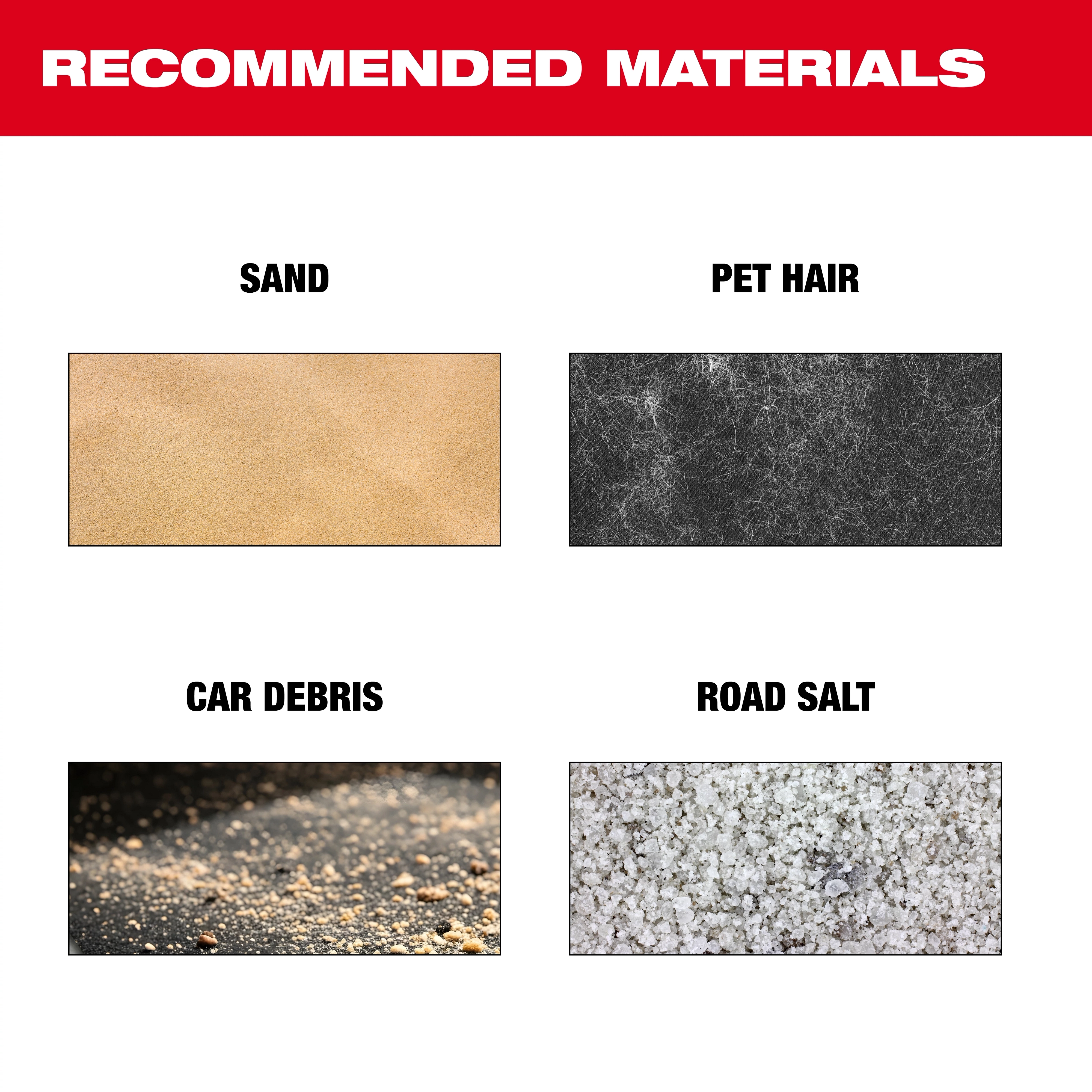 AIR-TIP Debris Scraper recommended materials: sand, pet hair, car debris, and road salt, displayed in labeled illustrated boxes.