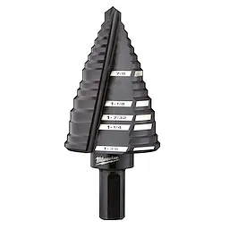 The #12 Step Drill Bit features multiple sizes in one tool, ranging from 7/8 inch to 1-3/8 inch. It is designed for drilling various hole sizes without the need to change bits.