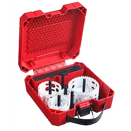 Red plastic carrying case with the 9 PC Lg Carbide Dozer Kit, containing various-sized hole saws and drill bits.