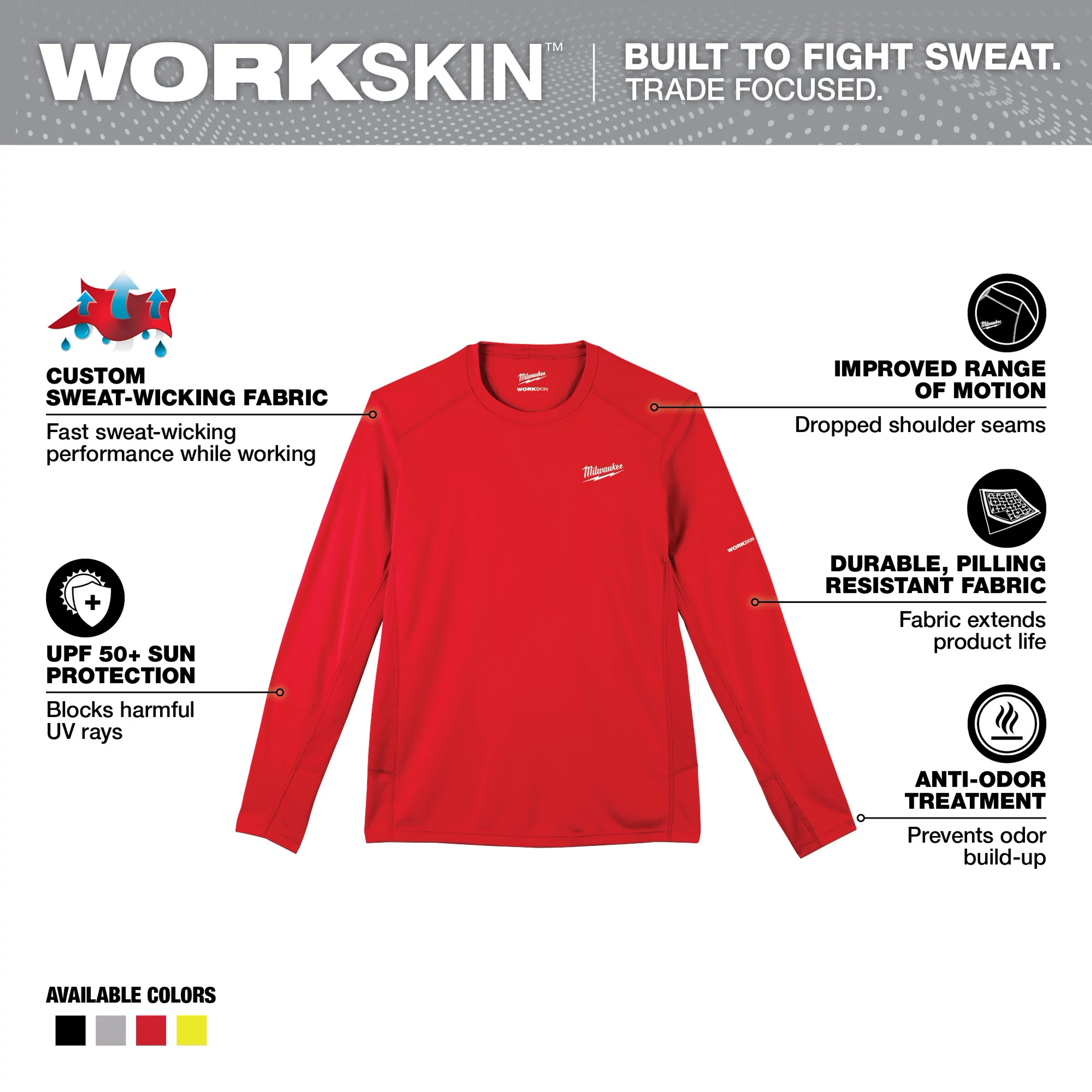 WORKSKIN Lightweight Performance Shirt - Long Sleeve features sweat-wicking fabric, UPF 50+ sun protection, and anti-odor treatment.