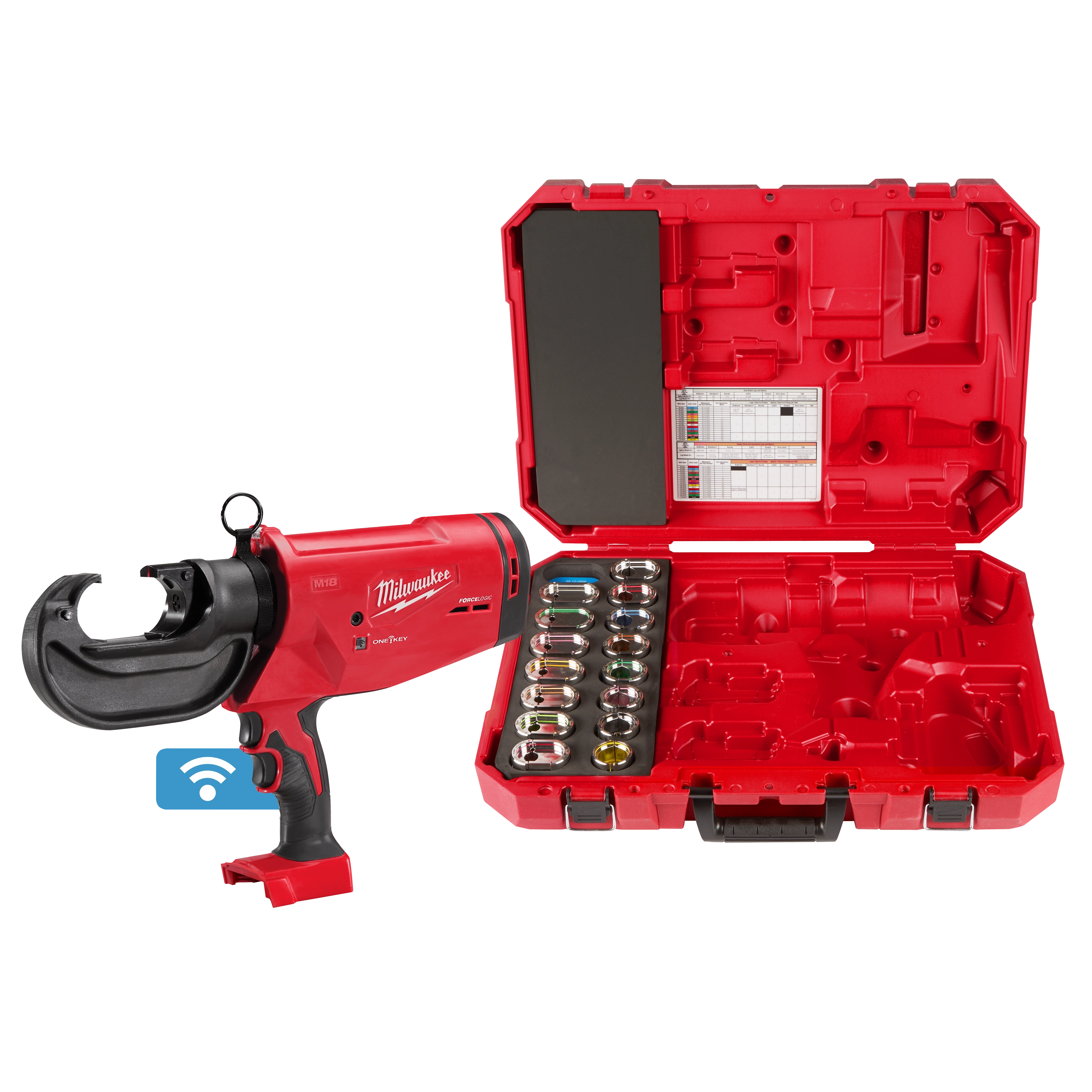 Milwaukee M18™ FORCE LOGIC™ 750 MCM Crimper with #6 - 750 MCM Al Dies. The image shows a red cordless crimper tool with a black jaw, alongside a red carrying case containing various dies arranged in slots. The case has a latch and internal compartments.
