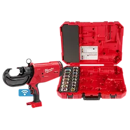 Milwaukee M18™ FORCE LOGIC™ 750 MCM Crimper with #6 - 750 MCM Al Dies. The image shows a red cordless crimper tool with a black jaw, alongside a red carrying case containing various dies arranged in slots. The case has a latch and internal compartments.