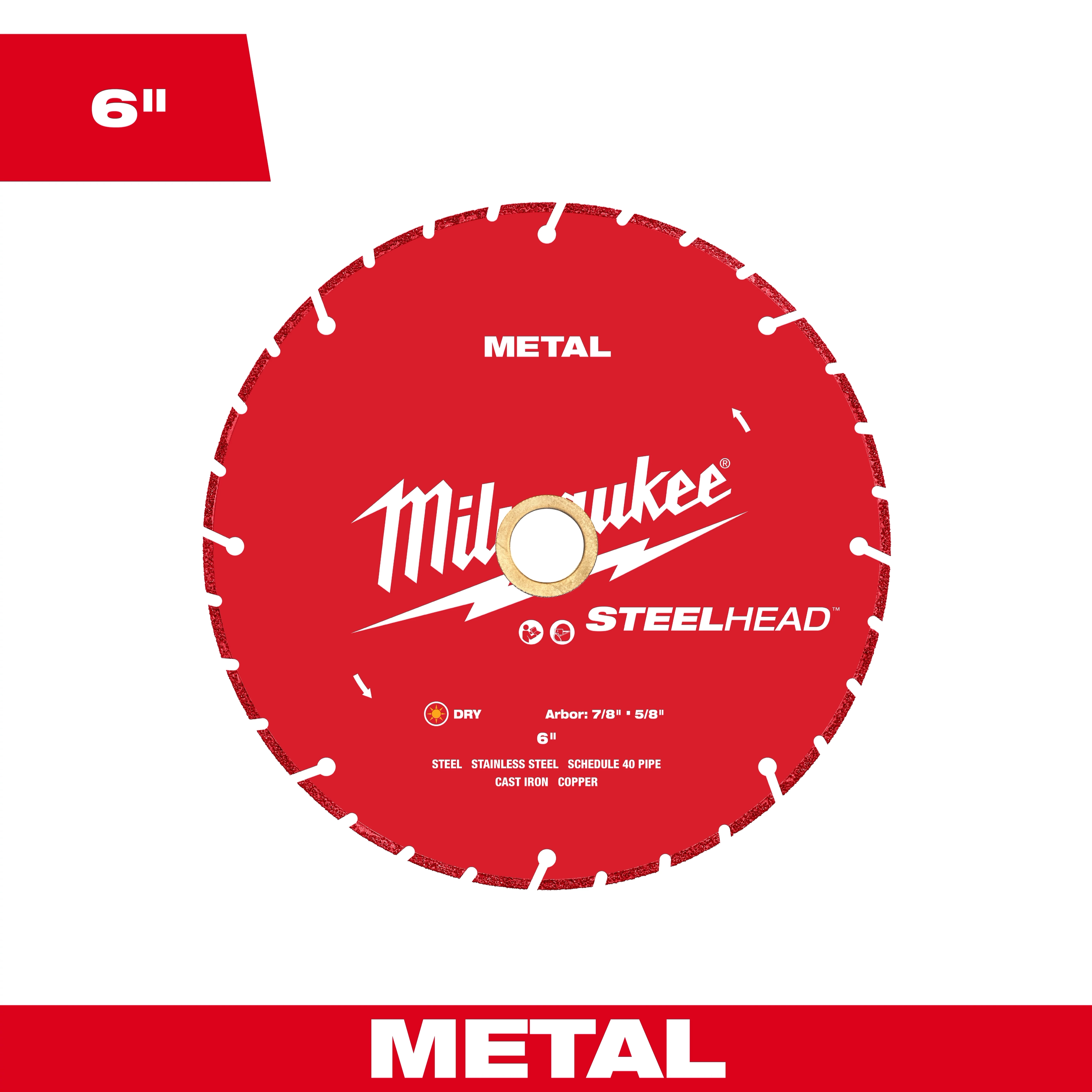 Milwaukee Steelhead is a 6-inch metal cutting blade designed for dry cutting on steel, stainless steel, schedule 40 pipe, cast iron, and copper. It features a red circular design with a central arbor hole sized at 7/8 to 5/8 inches.
