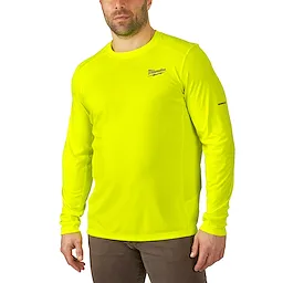A man models a bright yellow long-sleeve shirt with "WORKSKIN Lightweight Performance Shirt" printed on the left chest and sleeve.