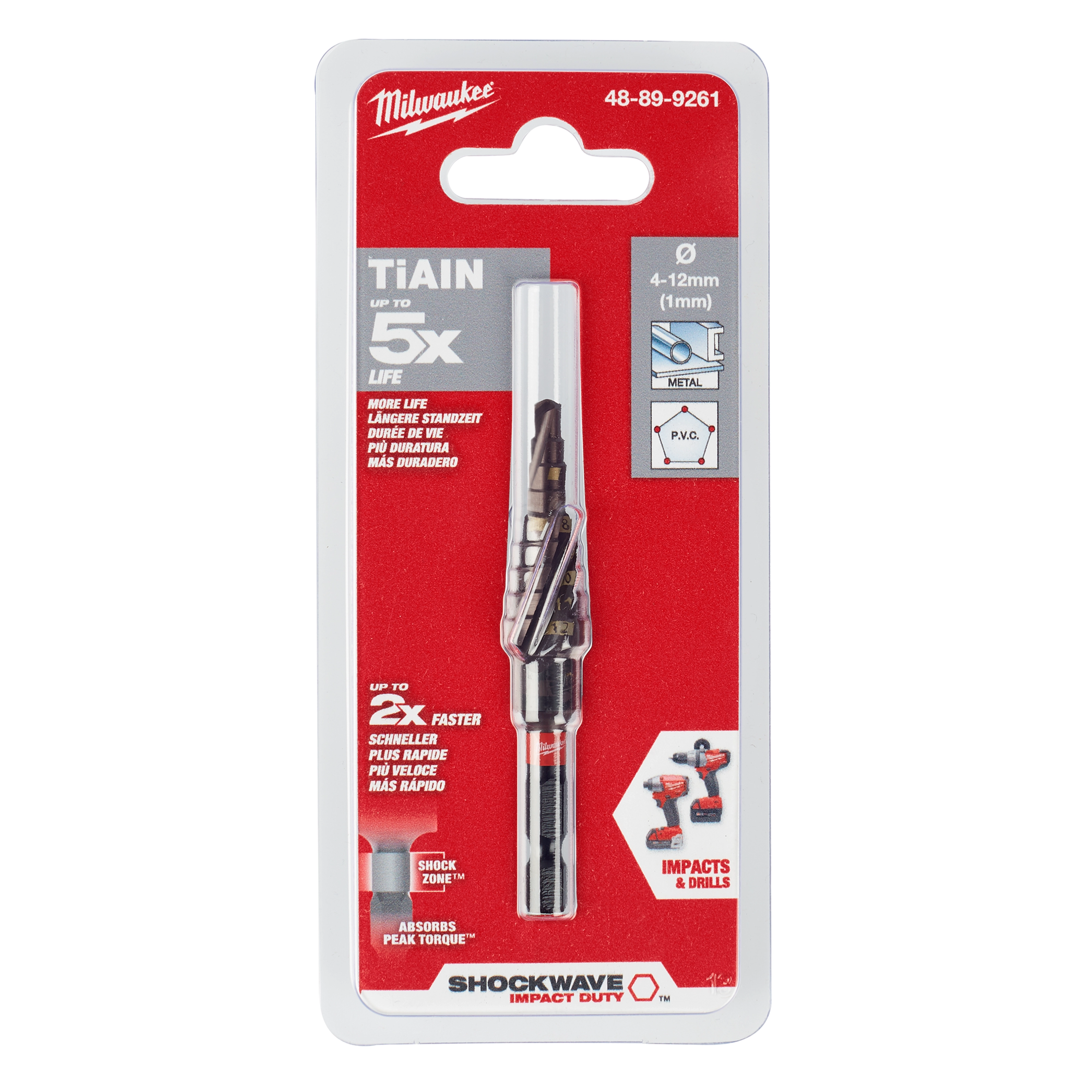 SHOCKWAVE Impact Duty Metric Step Bit 4-12mm, 9 Hole packaged in clear plastic with red and gray accents, featuring product information.