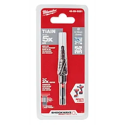 SHOCKWAVE Impact Duty Metric Step Bit 4-12mm, 9 Hole packaged in clear plastic with red and gray accents, featuring product information.