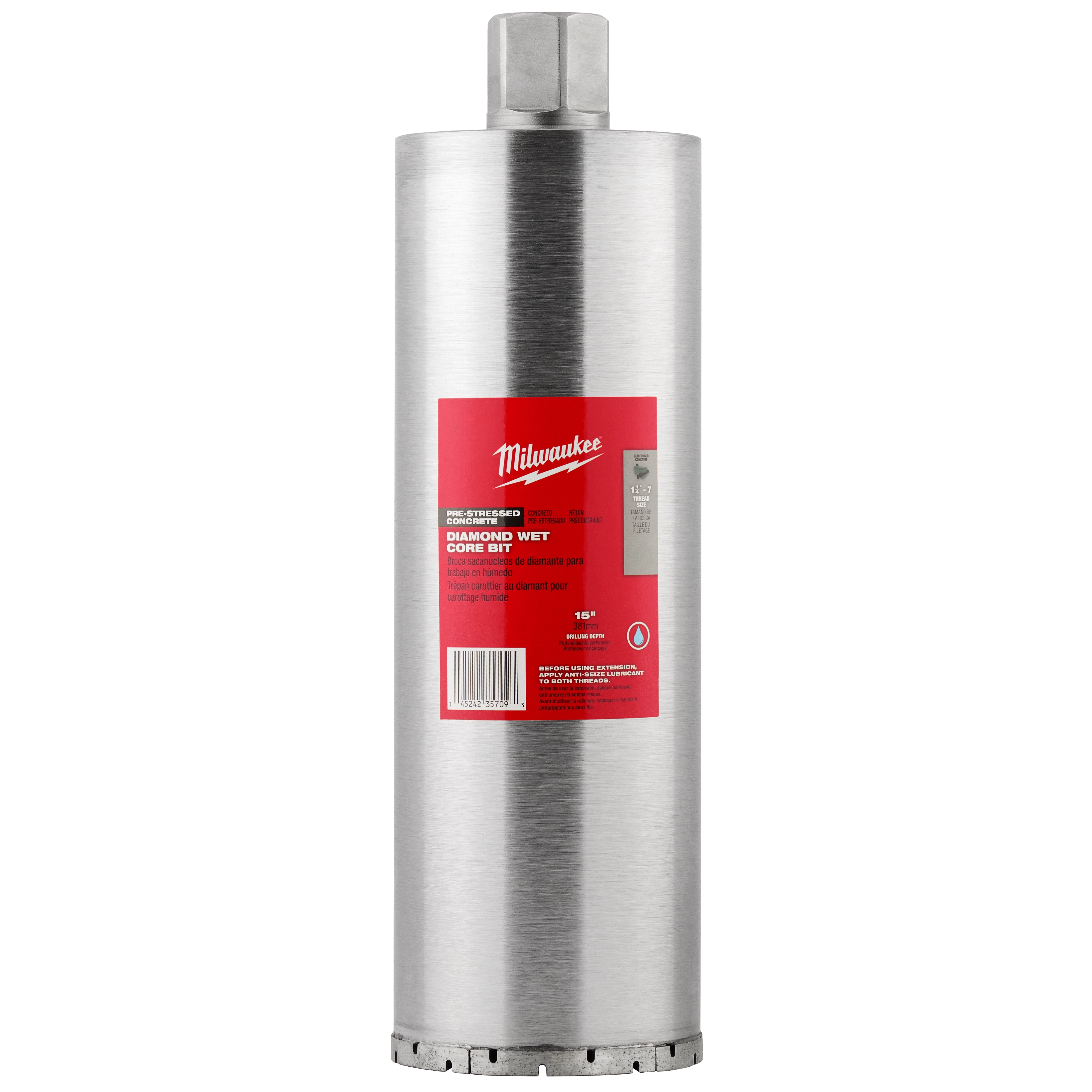 5" Pre-Stressed Diamond Wet Core Bit Block Shot with a silver cylindrical body and a red label featuring product details.