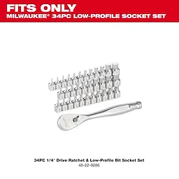 34pc 1/4” Drive Ratchet & Low-Profile Bit Socket Set with ratchet and multiple bit sockets arranged in rows.