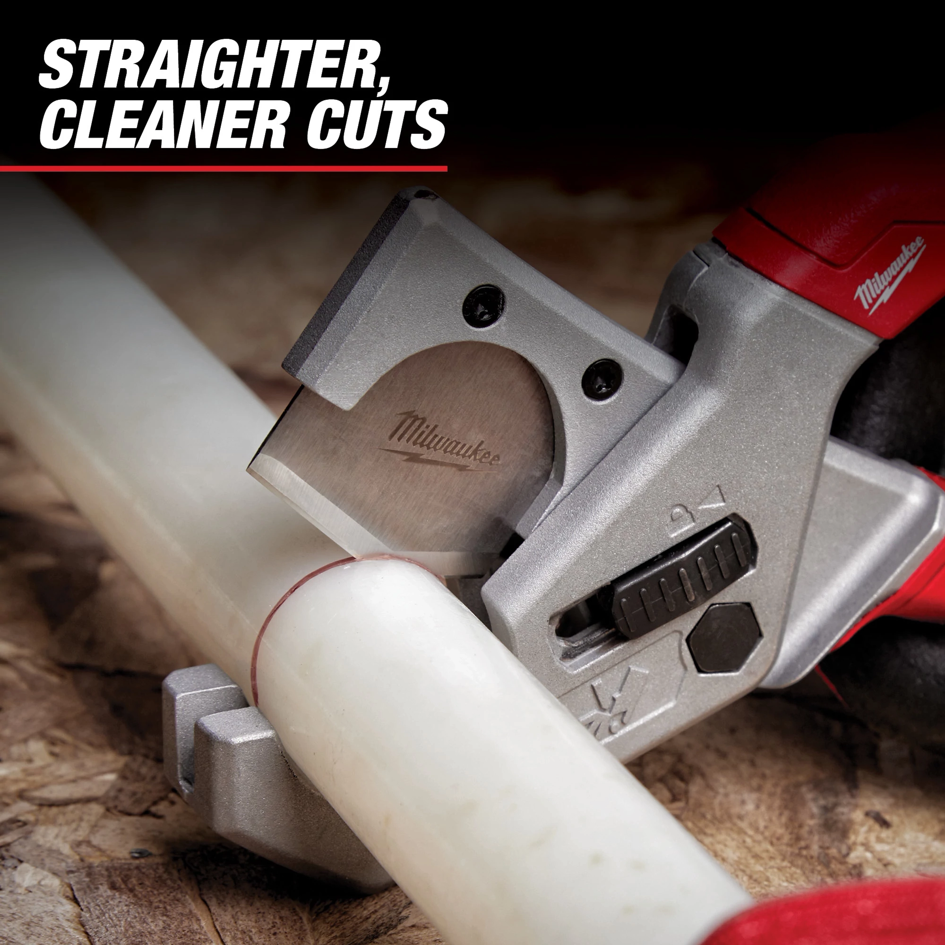 Milwaukee PVC Shear in use, cutting a white PVC pipe cleanly. The tool is silver and red with the Milwaukee logo near the blade. Text above the tool states, "Straighter, Cleaner Cuts."