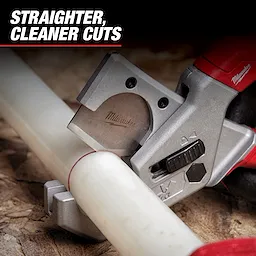Milwaukee PVC Shear in use, cutting a white PVC pipe cleanly. The tool is silver and red with the Milwaukee logo near the blade. Text above the tool states, "Straighter, Cleaner Cuts."