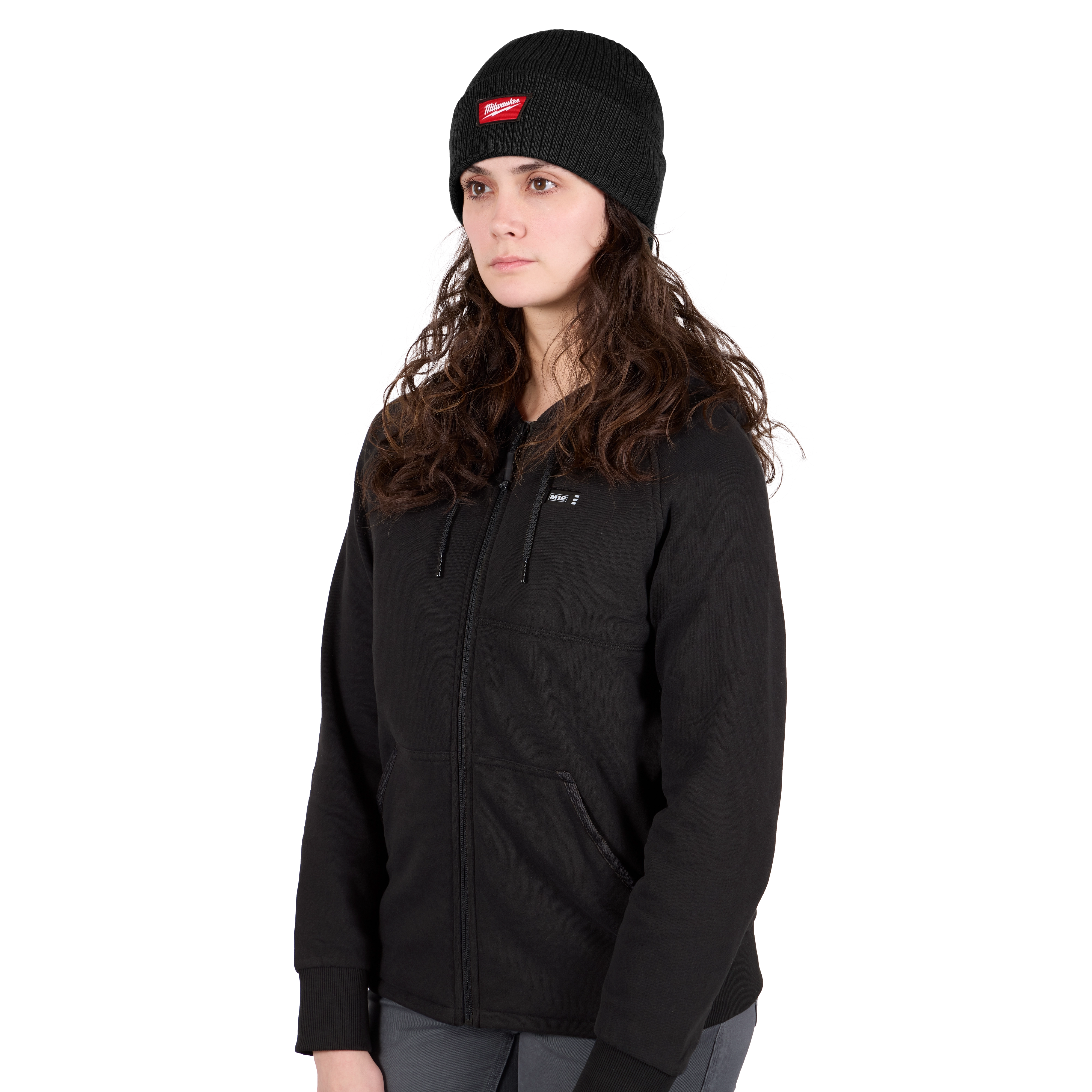 Woman wearing a black Rib-Knit Cuffed Beanie - Black.