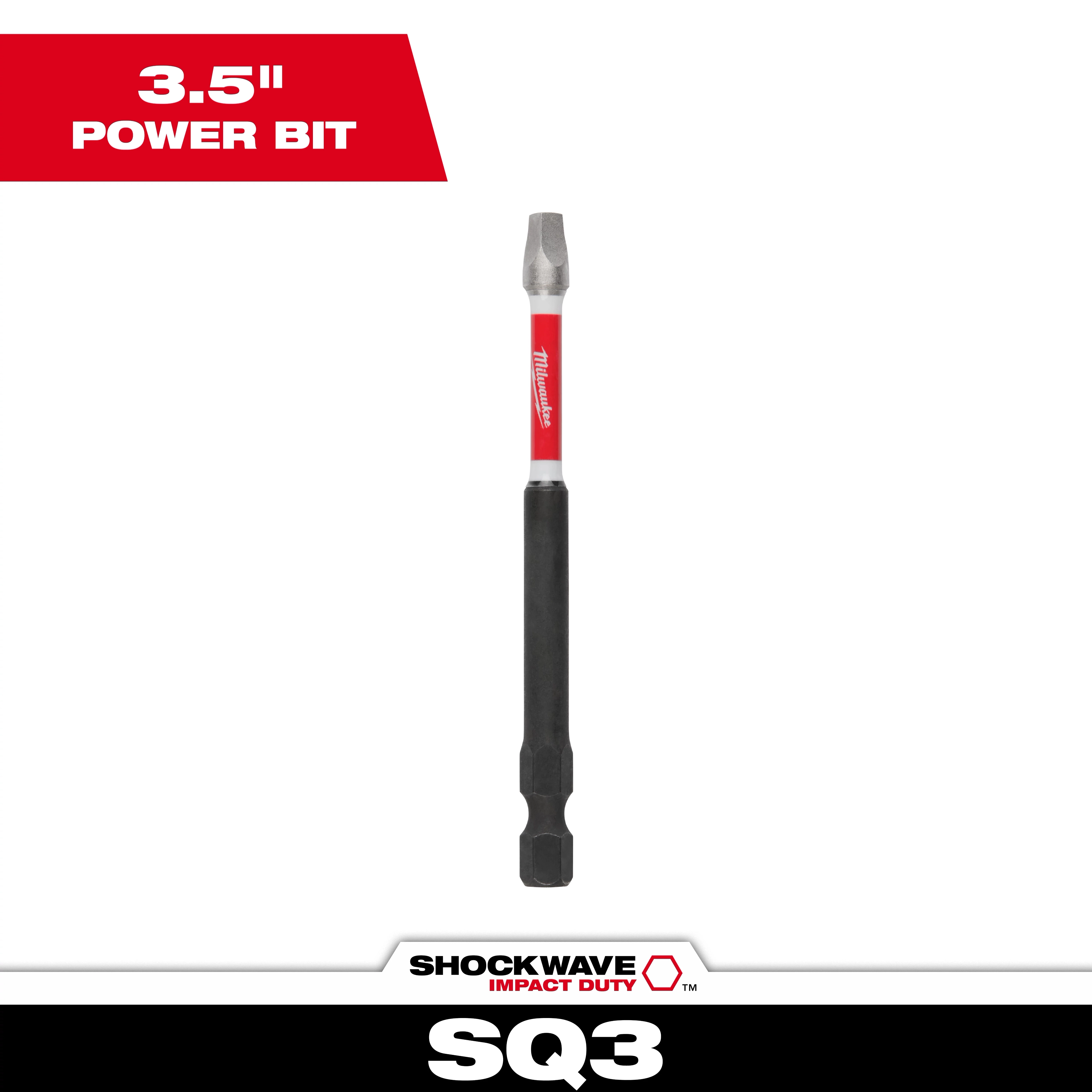 The image shows a SHOCKWAVE™ 3.5” Impact Duty Square Recess #3 Power Bit. The bit has a reinforced construction, a red midsection marked "Milwaukee," and measures 3.5 inches in length.