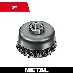 3" Knot Wire Cup Brush made of carbon steel with twisted wire bristles for metal surface cleaning.