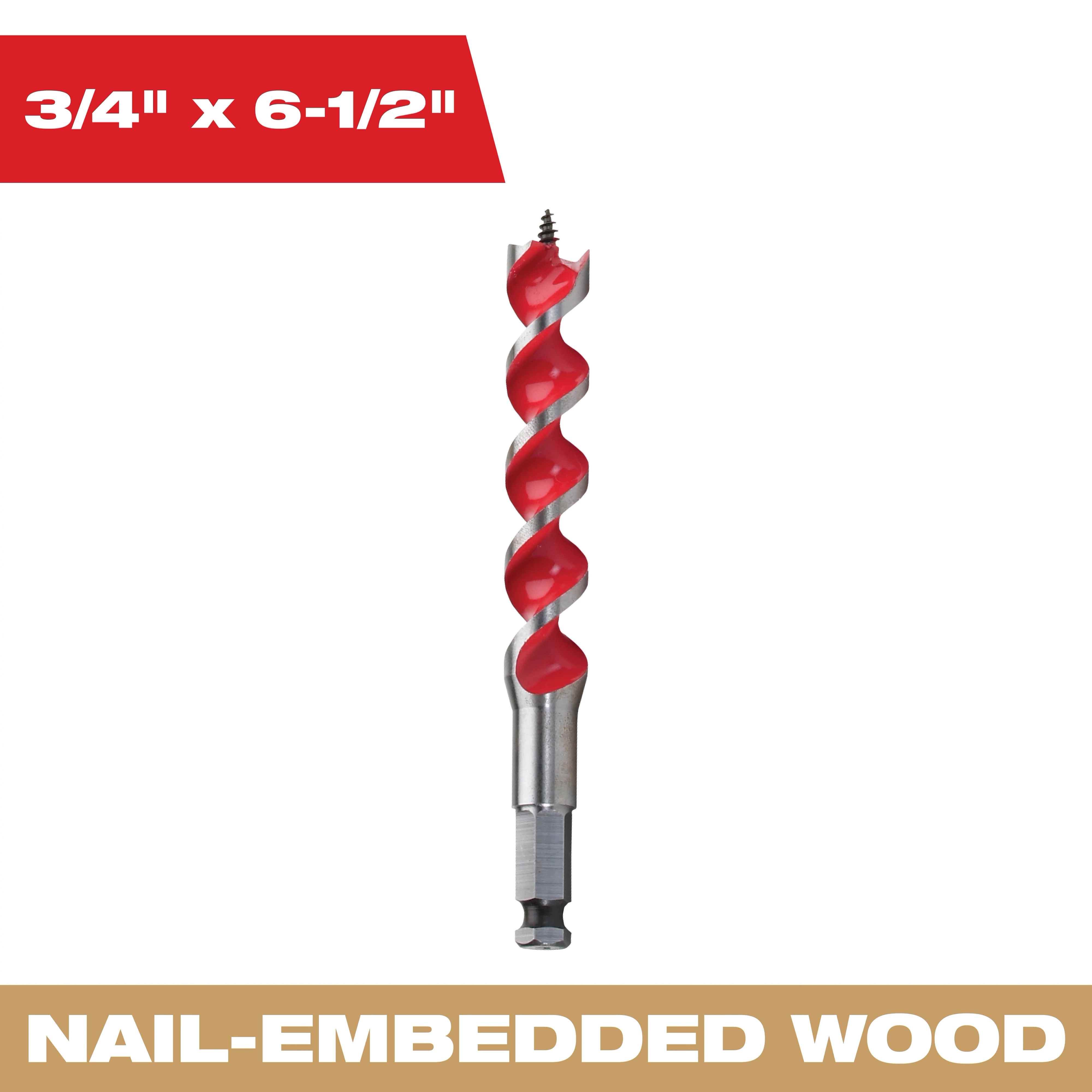 The 3/4 x 6-1/2 IN AUGER BIT is shown, featuring a red spiral design and a silver base. It is suitable for drilling through nail-embedded wood.