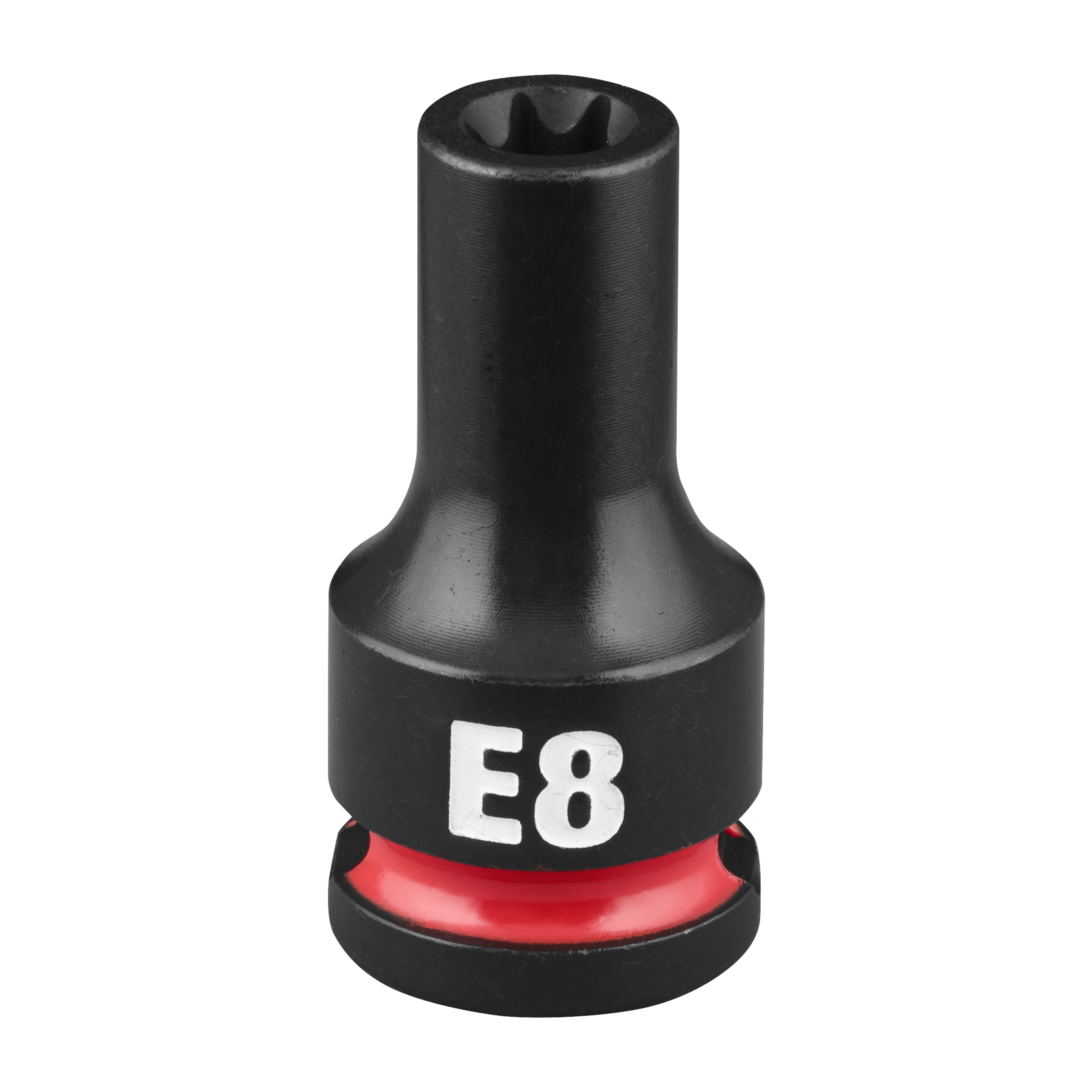 The SHOCKWAVE Impact Duty 3/8" Drive E-Torx E8 Bit Socket is a black and red bit socket marked with "E8" in white.