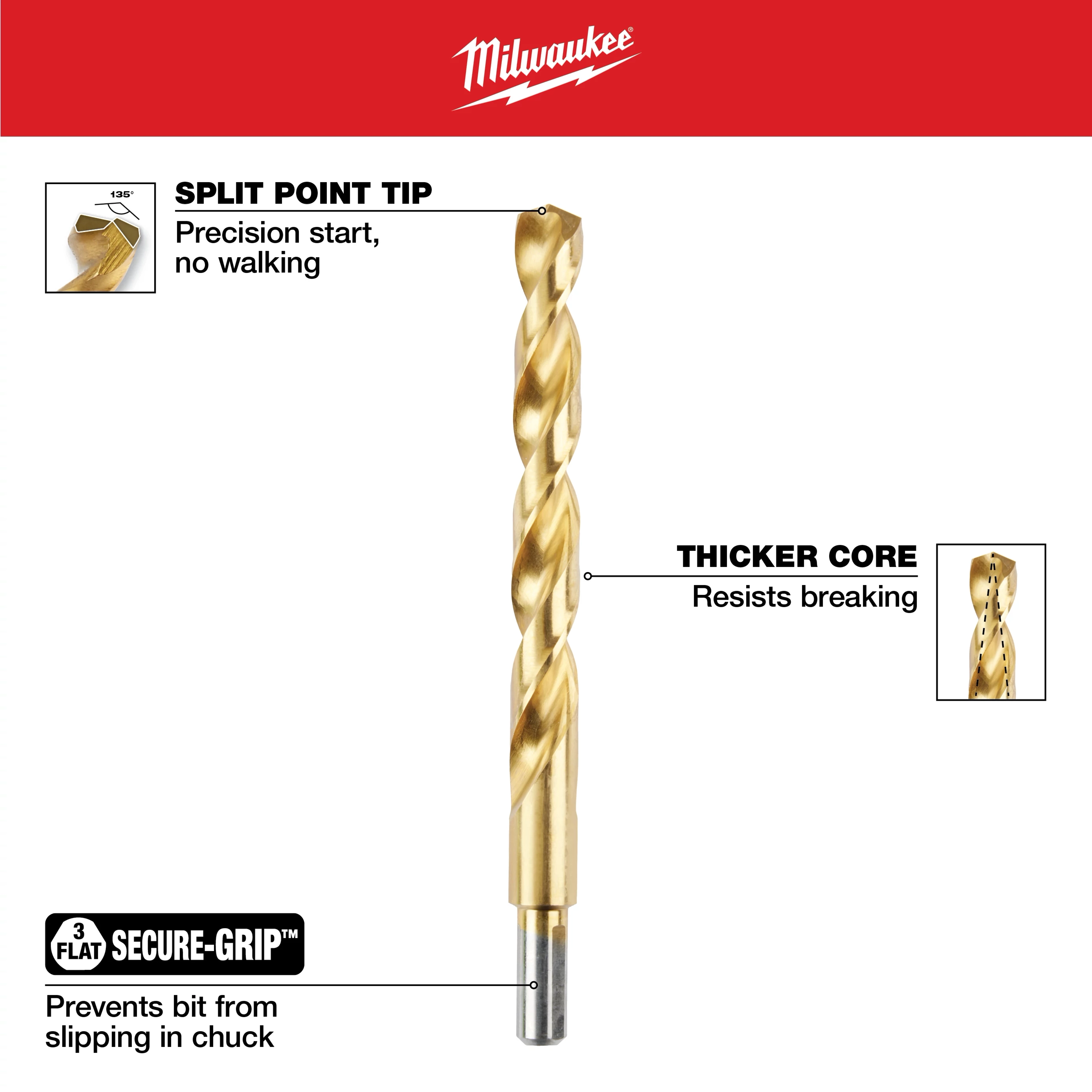 The Thunderbolt Titanium Drill Bit features a split point tip for precision start, a thicker core to resist breaking, and a secure-grip design with three flats to prevent slipping in the chuck. It is branded by Milwaukee.