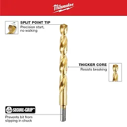 The Thunderbolt Titanium Drill Bit features a split point tip for precision start, a thicker core to resist breaking, and a secure-grip design with three flats to prevent slipping in the chuck. It is branded by Milwaukee.