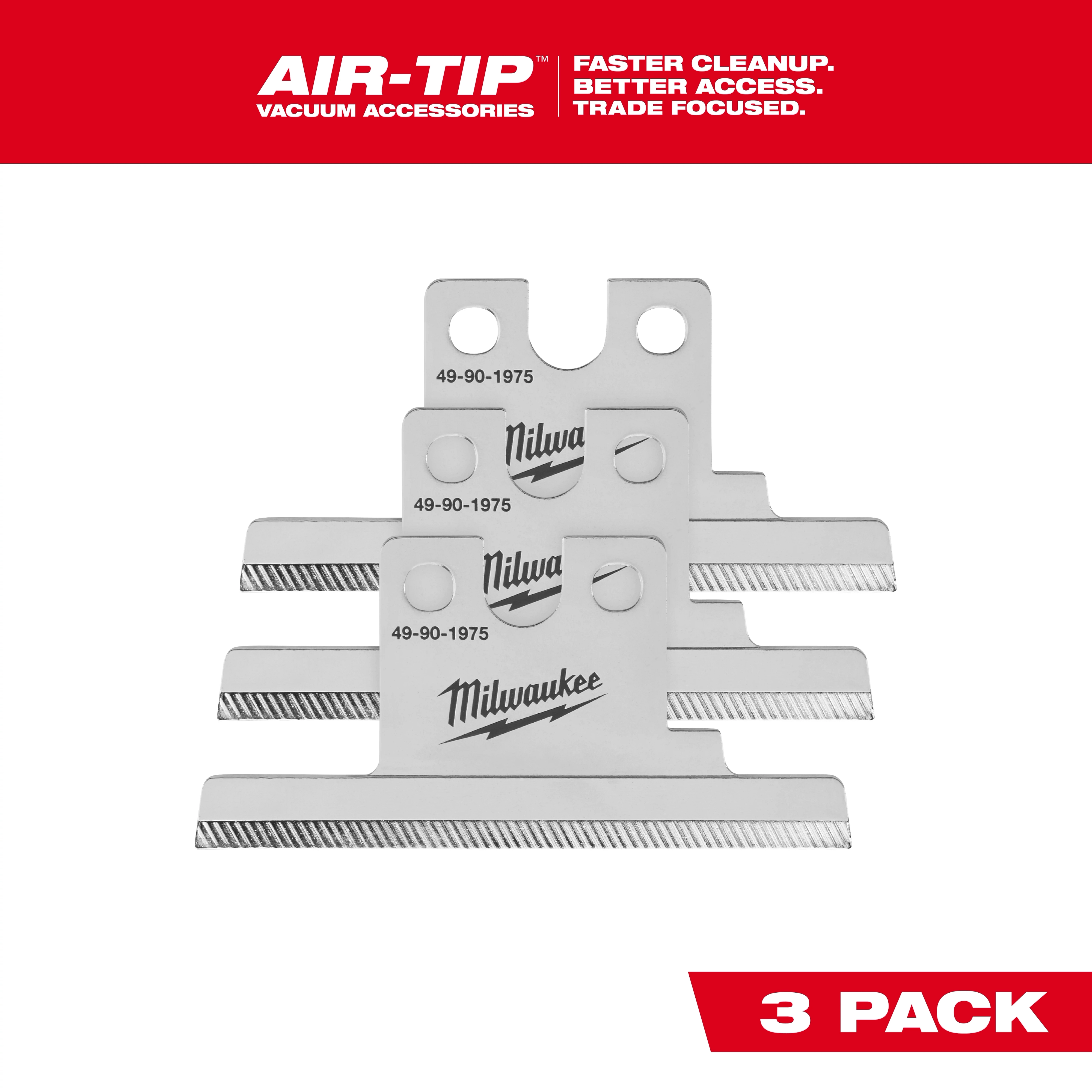 AIR-TIP Debris Scraper Blade 3-Pack featuring three silver blades with serrated edges and the Milwaukee logo.