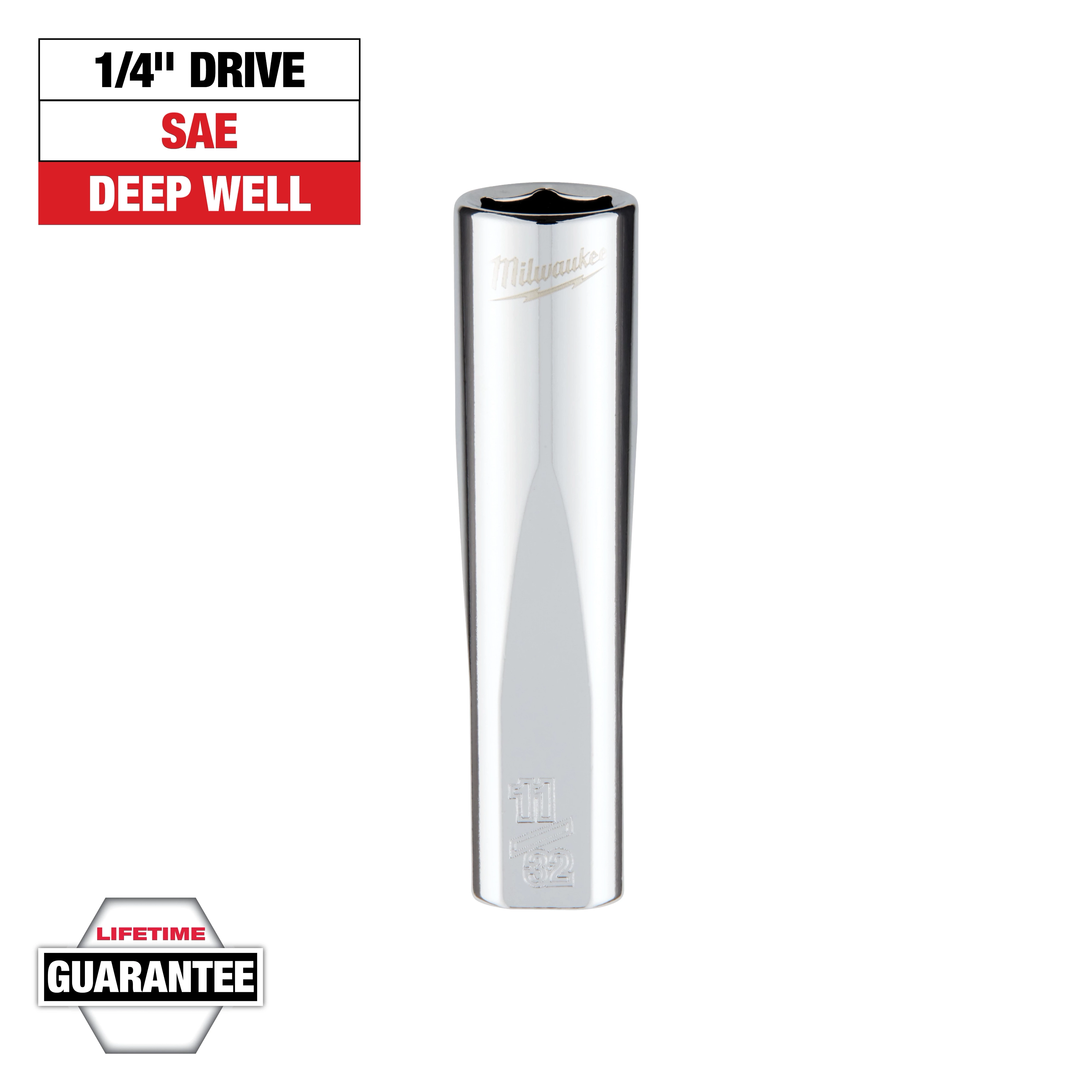 This image shows a 1/4" drive SAE deep well socket by Milwaukee. The top left corner highlights "1/4" Drive," "SAE," and "Deep Well." At the bottom left is a lifetime guarantee badge. The socket is chrome-finished with the Milwaukee logo engraved near the top.