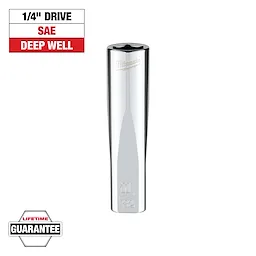 This image shows a 1/4" drive SAE deep well socket by Milwaukee. The top left corner highlights "1/4" Drive," "SAE," and "Deep Well." At the bottom left is a lifetime guarantee badge. The socket is chrome-finished with the Milwaukee logo engraved near the top.
