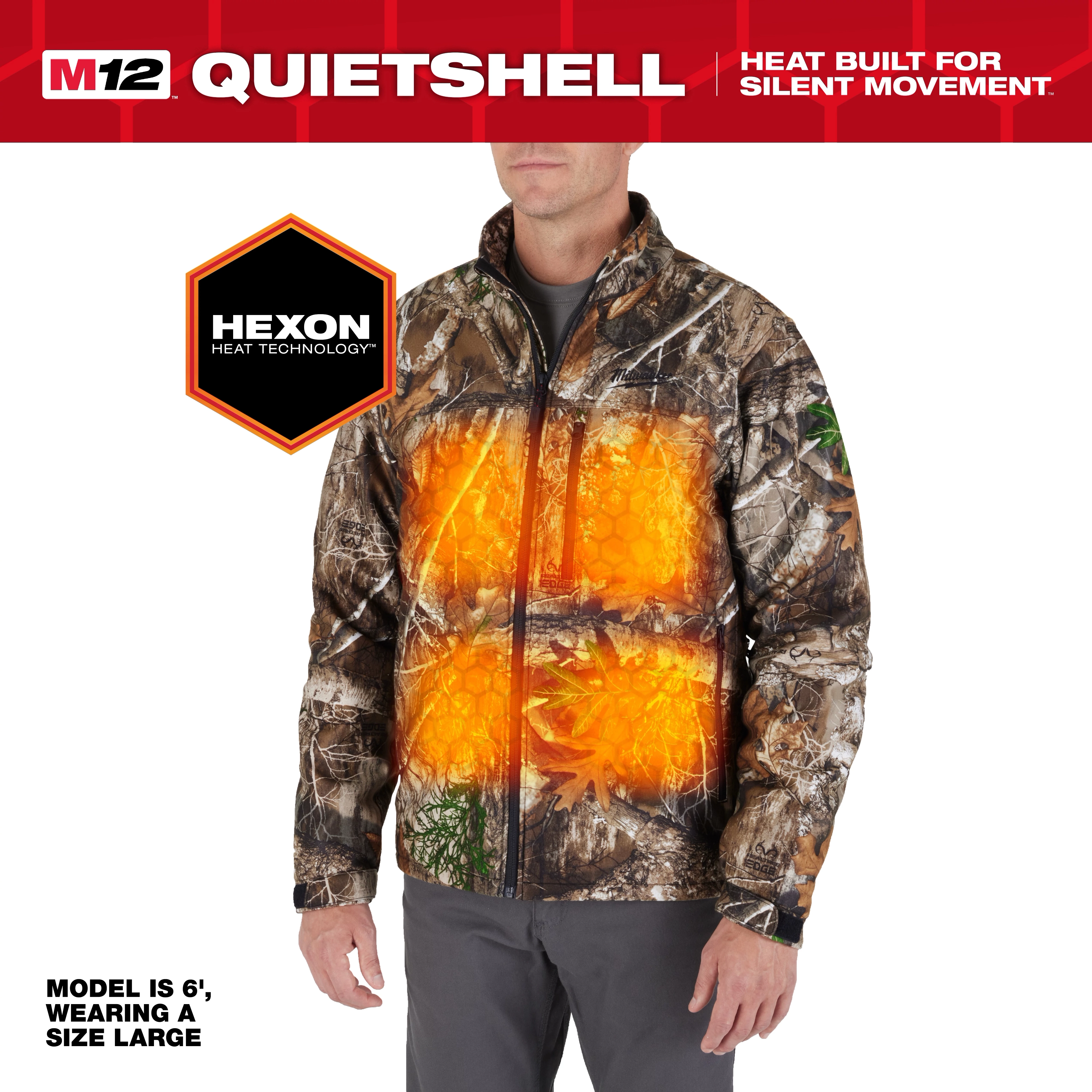 M12 Heated QUIETSHELL Jacket with HEXON Heat Technology features a camo design. Model is 6' tall, wearing a size large.