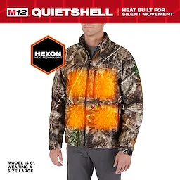 M12 Heated QUIETSHELL Jacket with HEXON Heat Technology features a camo design. Model is 6' tall, wearing a size large.