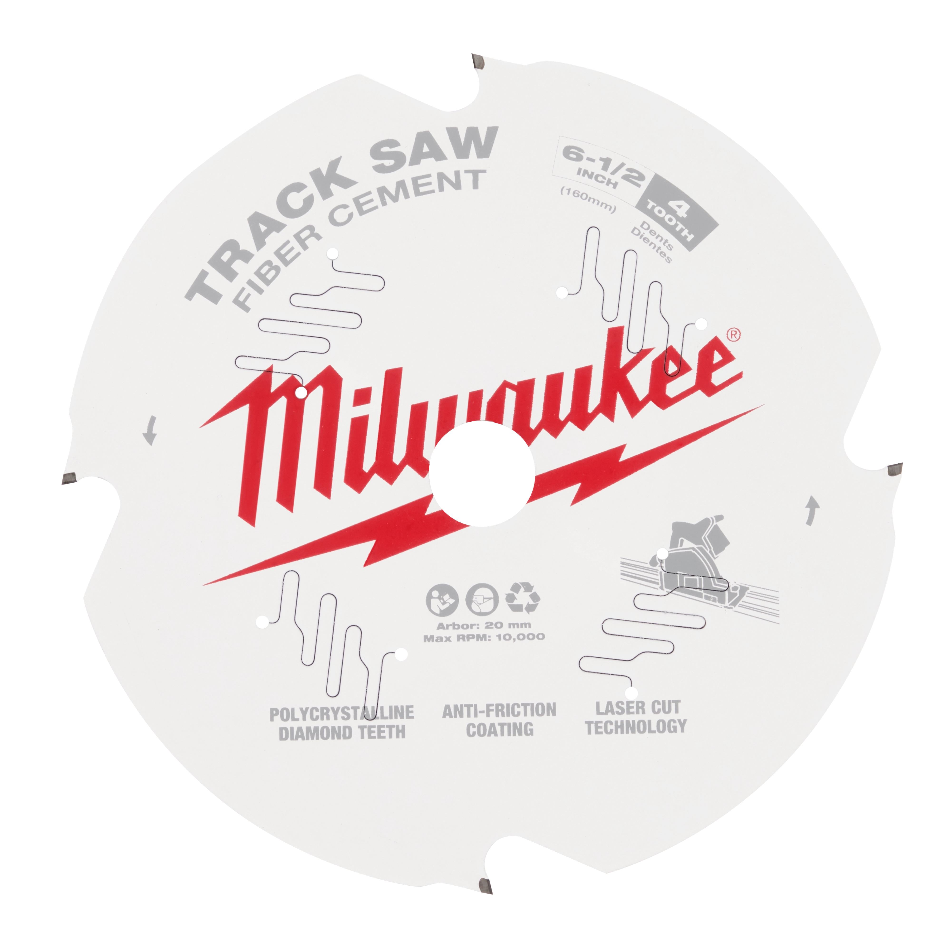 6-1/2" 4T Fiber Cement Track Saw Blade featuring polycrystalline diamond teeth, anti-friction coating, and laser cut technology.