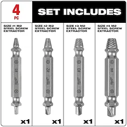 The M2 Steel Screw Extractor Set 4PC includes four screw extractors, sizes #1, #2, #3, and #4. Each extractor is labeled with its size and features a hexagonal shaft and a tapered spiral end for removing damaged screws. The set is displayed against a white background and black header.