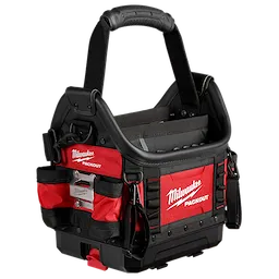 The PACKOUT 10" Structured Tote by Milwaukee is a red and black tool bag with multiple pockets, a padded handle, and durable construction.