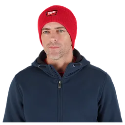 Image of a man wearing the Milwaukee Rib-Knit Cuffed Beanie in red