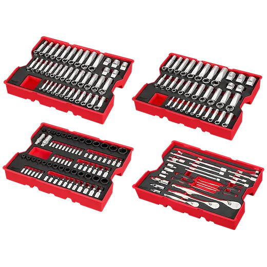 The image shows the 242pc. 1/4”, 3/8”, & 1/2” Drive Metric & SAE Ratchet & Socket Set with Trays for PACKOUT™ Drawers. The set is arranged neatly in organizing trays suitable for PACKOUT™ storage solutions.
