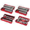 The image shows the 242pc. 1/4”, 3/8”, & 1/2” Drive Metric & SAE Ratchet & Socket Set with Trays for PACKOUT™ Drawers. The set is arranged neatly in organizing trays suitable for PACKOUT™ storage solutions.