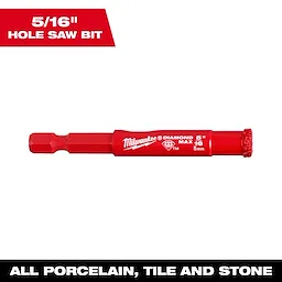Red 5/16" Diamond Max Hole Saw bit suitable for drilling porcelain, tile, and stone. The bit features a hex shank and diamond grit tip.