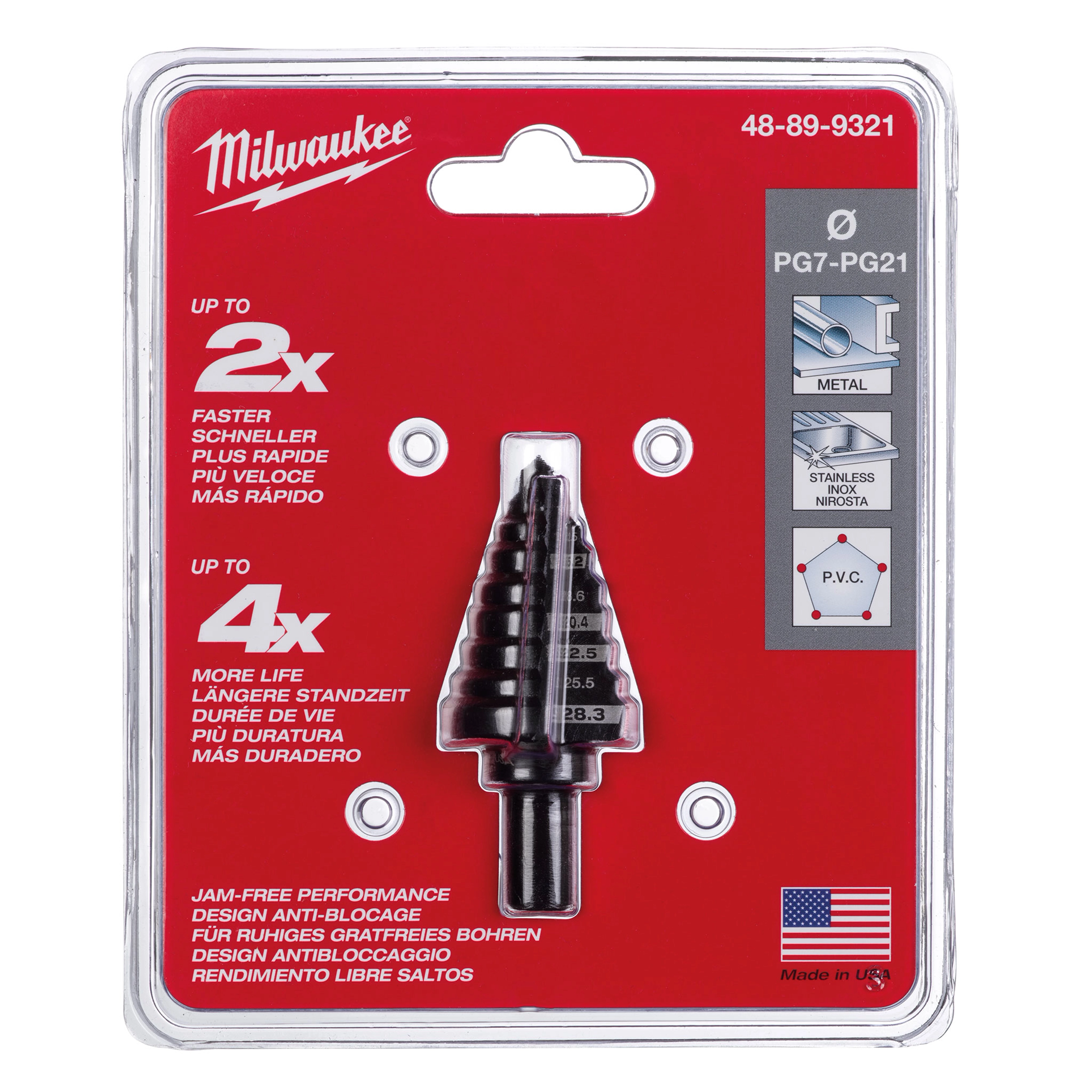 STEP BIT PG7-PG21 (28MM) packaged in a red card, featuring text highlighting faster speed and longer life, suitable for metal, stainless steel, and PVC.
