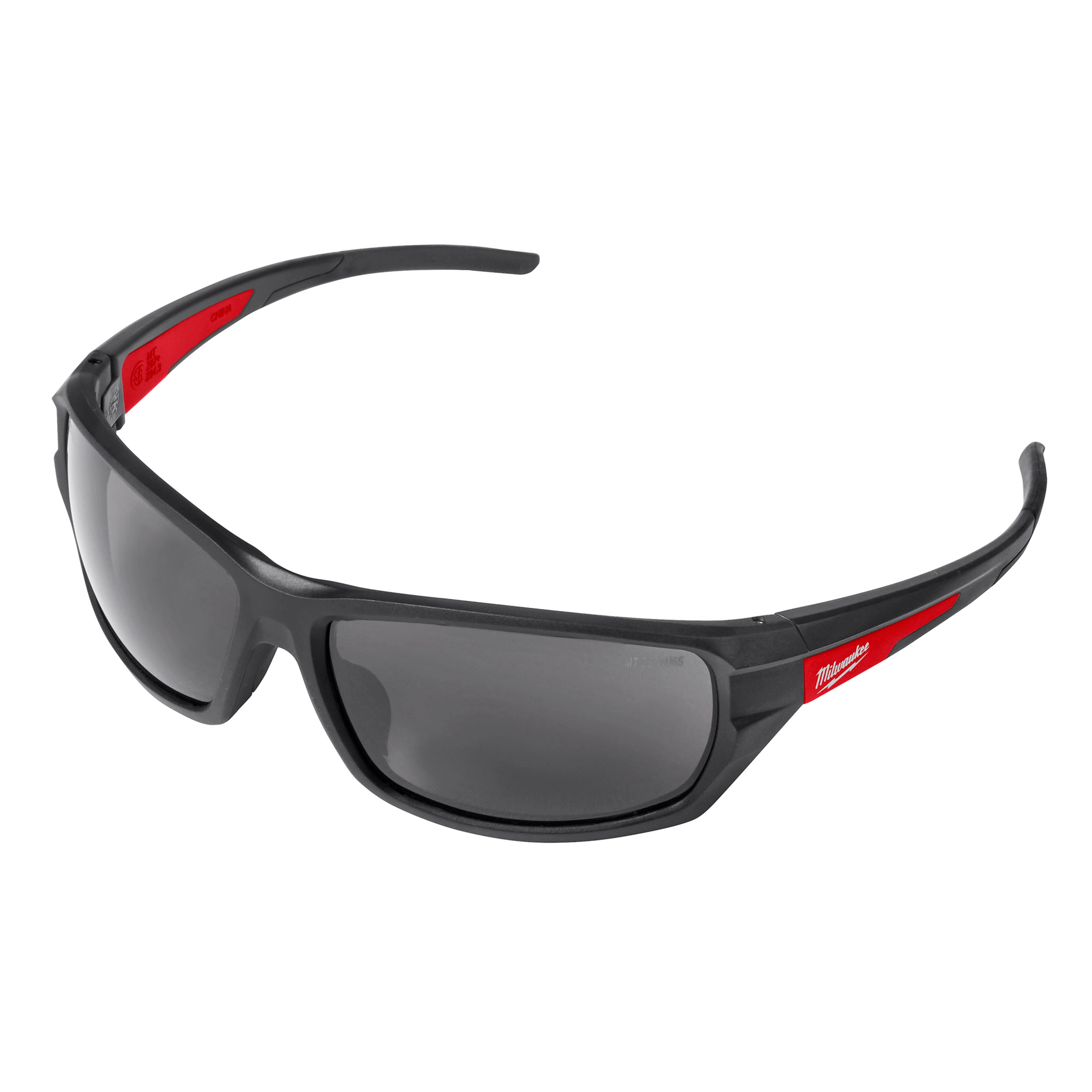 Tinted Performance Safety Glasses feature a black frame, dark tinted lenses, and red accents on the temples. Ideal for eye protection.