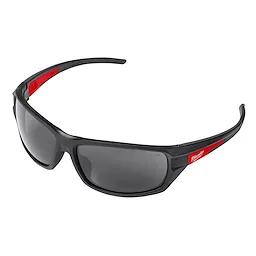 Tinted Performance Safety Glasses feature a black frame, dark tinted lenses, and red accents on the temples. Ideal for eye protection.