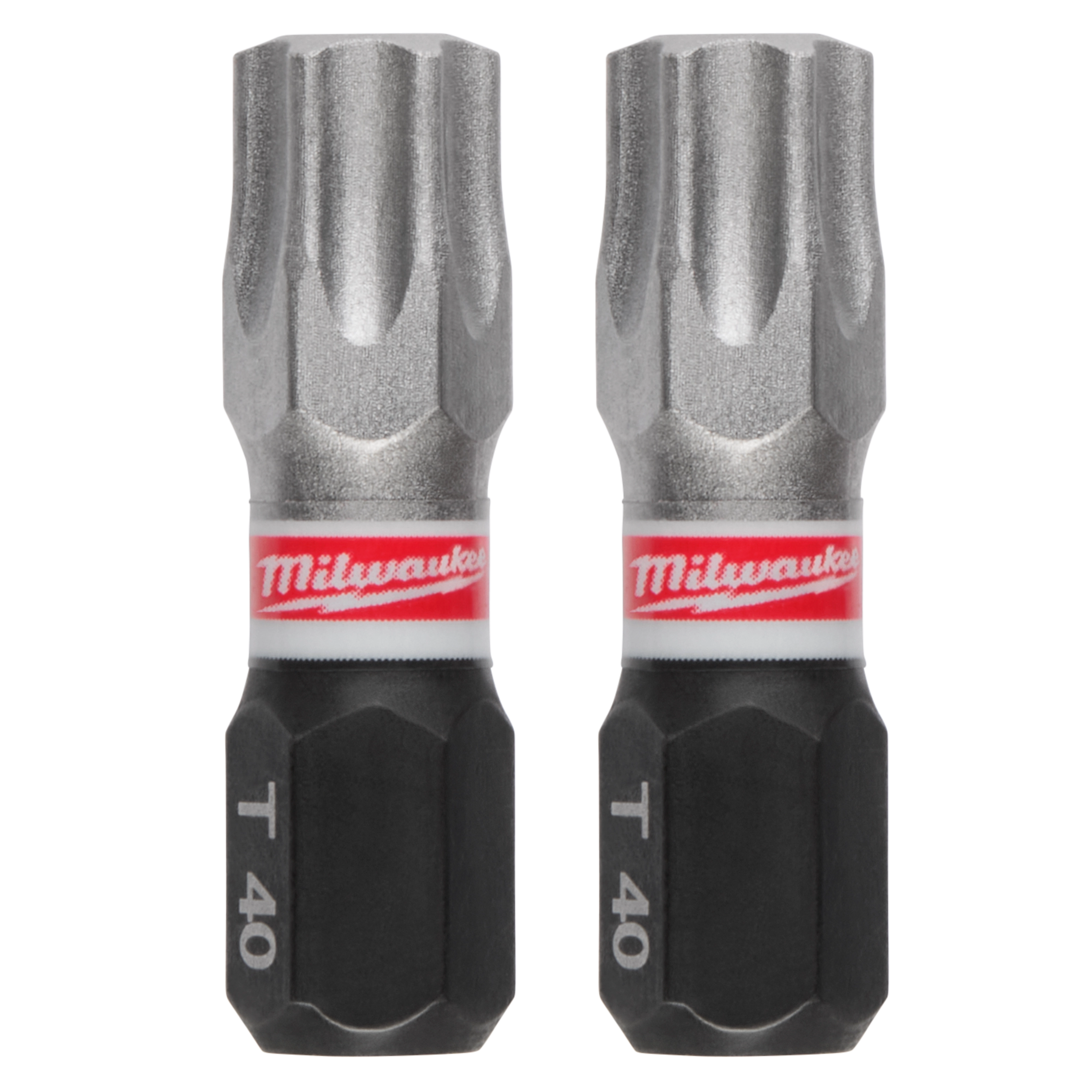 This image shows two SHOCKWAVE™ Impact Duty 1" T40 Insert Bits packaged together. They have a metallic finish with a black section at the bottom, labeled "T40," and feature a red Milwaukee logo in the middle.