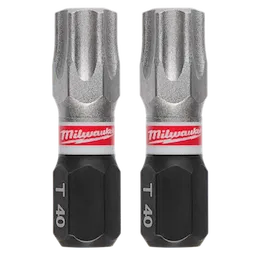 This image shows two SHOCKWAVE™ Impact Duty 1" T40 Insert Bits packaged together. They have a metallic finish with a black section at the bottom, labeled "T40," and feature a red Milwaukee logo in the middle.