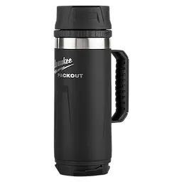 Milwaukee PACKOUT 18oz Insulated Mug with Sip Lid in black and silver, featuring a sturdy black handle and secure lid.