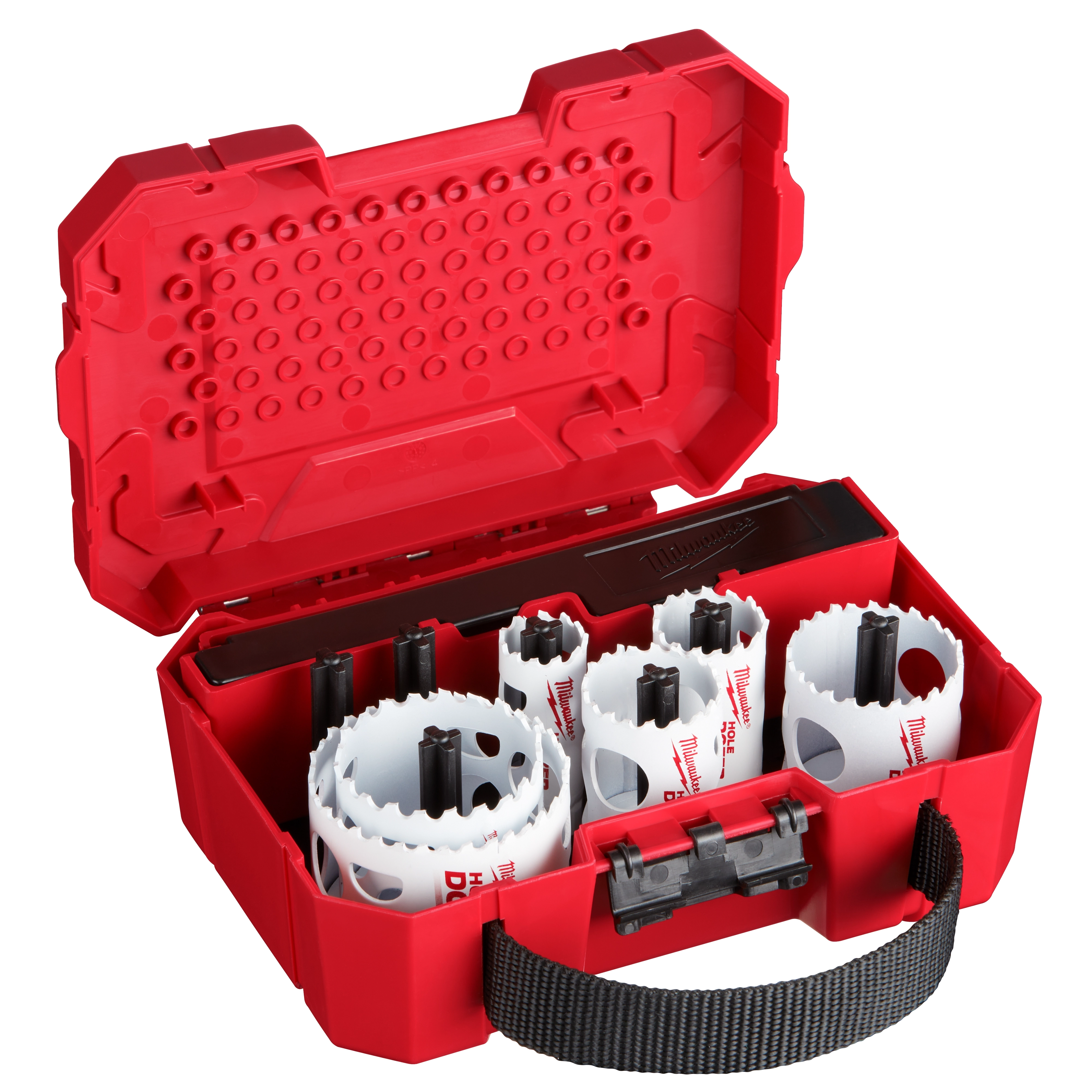 Red case containing the 10%20PC%20HOLE%20DOZER%20ELECTRICIANS%20KIT, including various sizes of white hole saws with black fittings.
