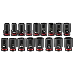 17-piece set of black deep sockets with red rings at the base, labeled in inch sizes. Labeled 17PC SHOCKWAVE Impact Duty 1" Drive SAE Deep Socket Set with PACKOUT.