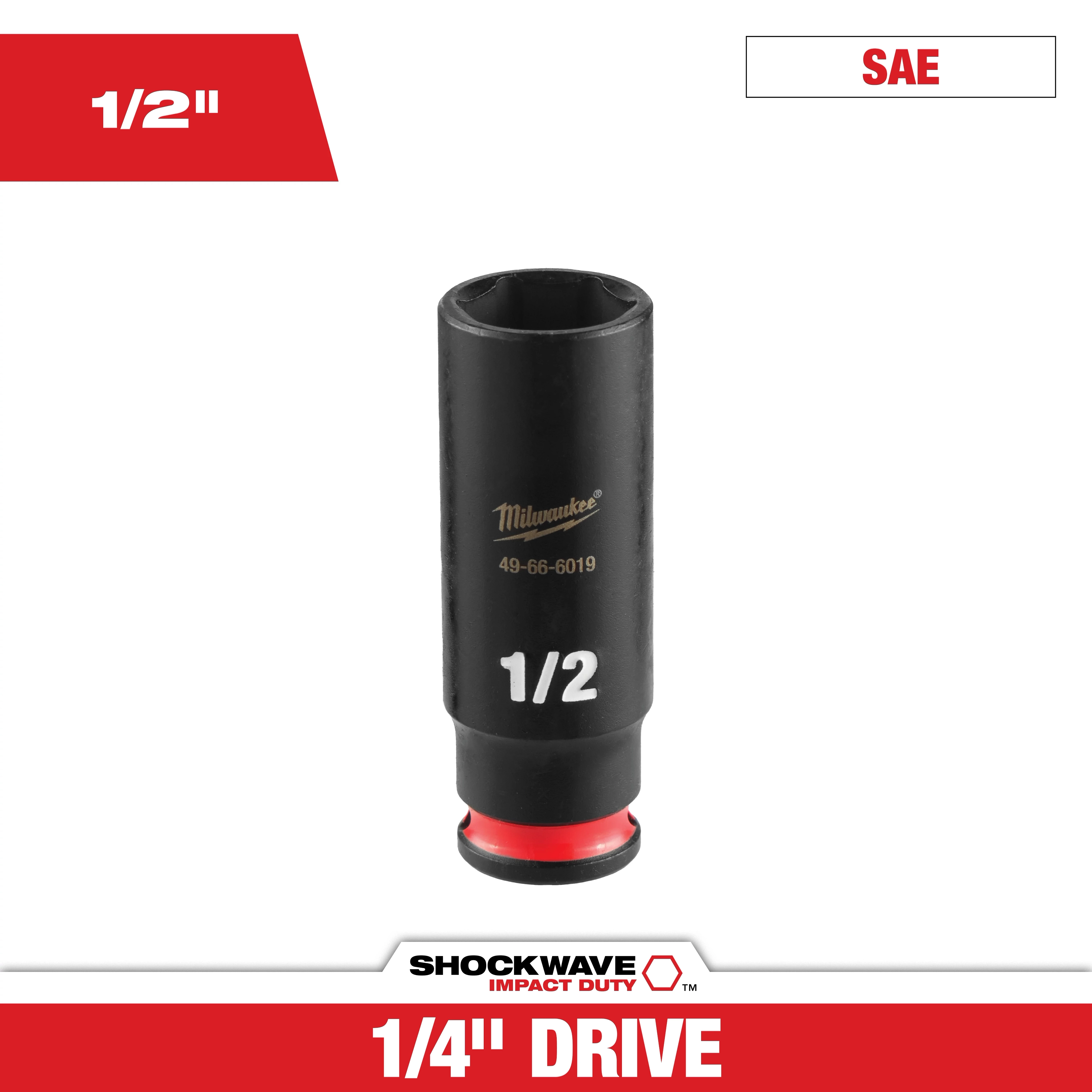 SHOCKWAVE Impact Duty 1/4" Drive 1/2" Deep 6 Point Socket standing upright on a white background with red accents
