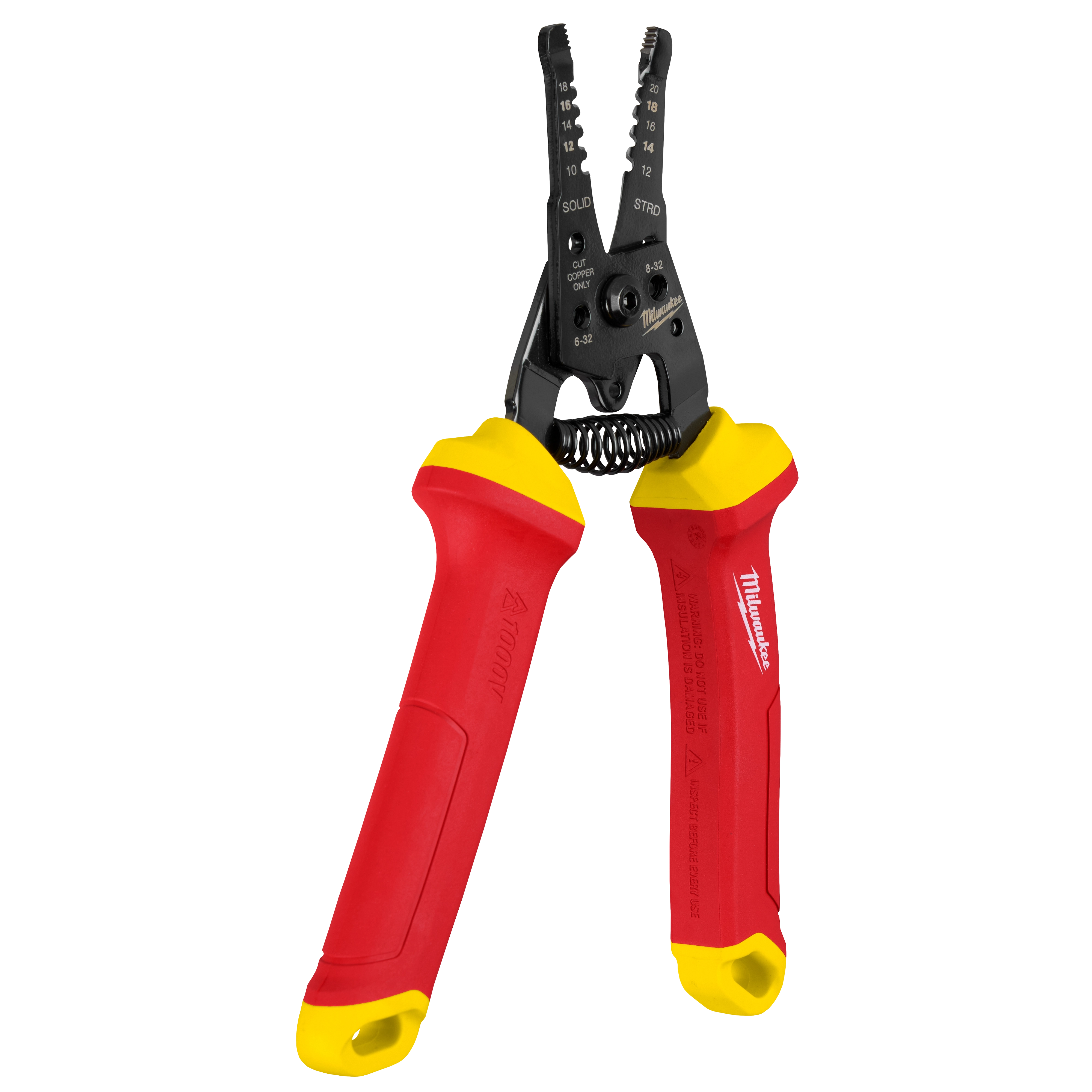 1000V Insulated 10-20 AWG Wire Stripper & Cutter with red and yellow insulated handles, suitable for electrical work.