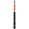 The image shows a SHOCKWAVE™ 3-1/2” Impact Duty Square Recess #3 Power Bit. It has a red and white label with the "Milwaukee" logo and a black hex shank. The bit is designed for heavy-duty impact applications.
