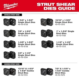 Milwaukee Strut Shear Dies Guide showing various sizes of single and combo strut dies with corresponding part numbers.